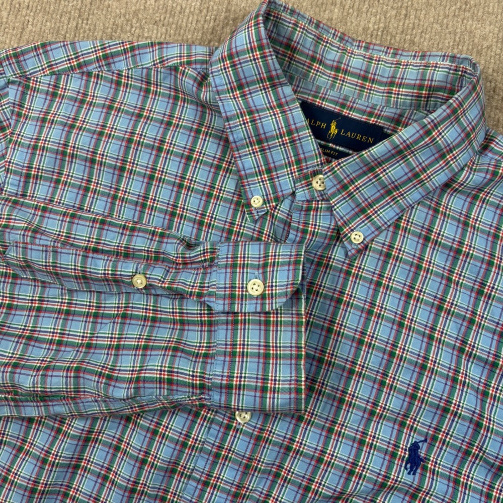Polo Ralph Lauren Mens XL Slim Fit Plaid Button Down Shirt Blue Green Red Pony
